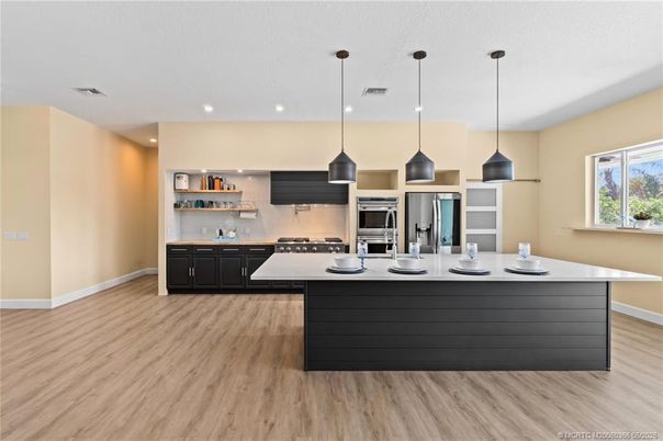 Interior, Kitchen, Pendant Lights, Recessed Lighting, Stainless Steel Appliances, Wood Texture Flooring
