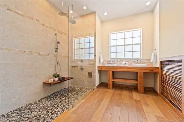 Bathroom, Glass Shower, Interior, Recessed Lighting, Stone Walls, Wood Texture Flooring