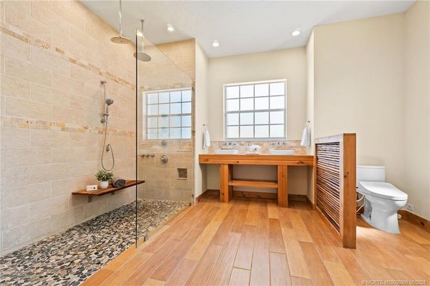 Bathroom, Glass Shower, Interior, Recessed Lighting, Wood Texture Flooring