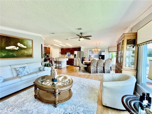 Chandelier, Dining room, Interior, Kitchen, Living room, Recessed Lighting, Wood Texture Flooring