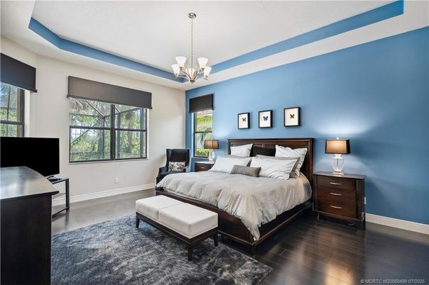 Bedroom, Chandelier, Interior, Pendant Lights, Wood Texture Flooring