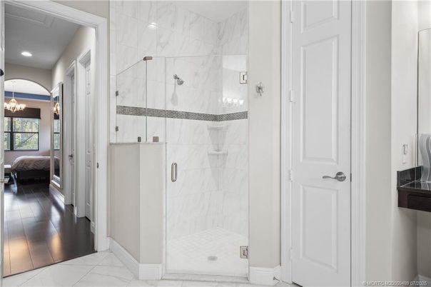 Bathroom, Bedroom, Glass Shower, Interior, Marble, Marble Walls, Recessed Lighting