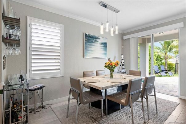 Dining room, Interior, Pendant Lights, Wood Texture Flooring