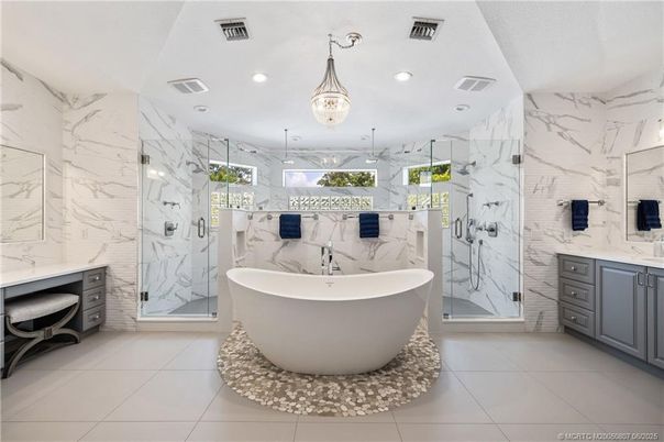 Bathroom, Free Standing Baths, Glass Shower, Interior, Marble Walls, Recessed Lighting
