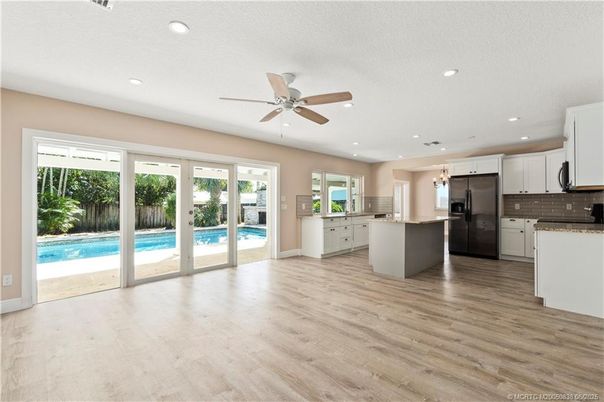 Empty room, Interior, Kitchen, Recessed Lighting, Wood Texture Flooring
