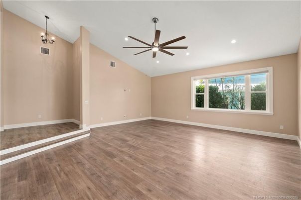Empty room, Interior, Pendant Lights, Recessed Lighting, Wood Texture Flooring