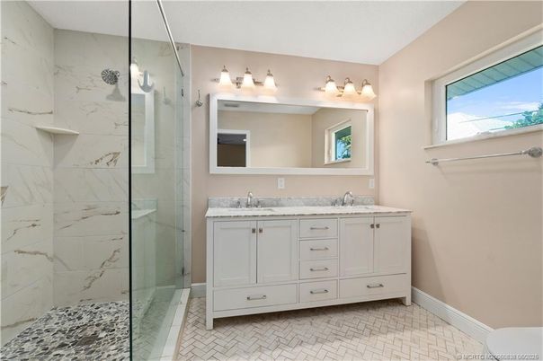 Bathroom, Dual Sink Vanities, Glass Shower, Interior, Marble Walls