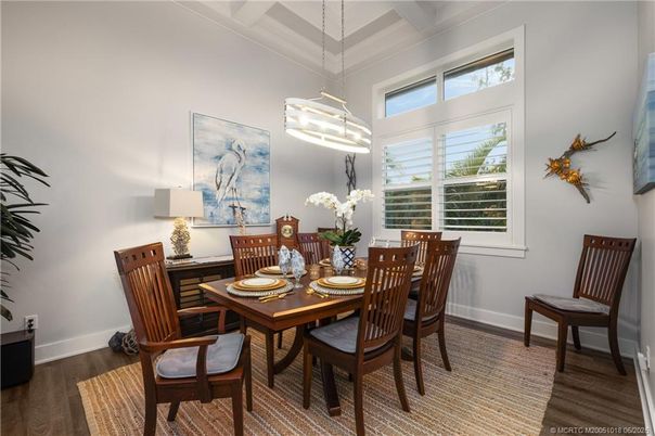 Dining room, Interior, Pendant Lights, Wood Texture Flooring