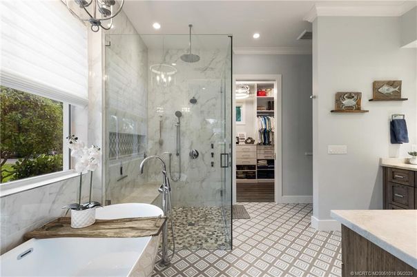 Bathroom, Dual Sink Vanities, Glass Shower, Interior, Marble Walls, Recessed Lighting