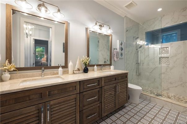 Bathroom, Dual Sink Vanities, Glass Shower, Interior, Marble Walls, Recessed Lighting