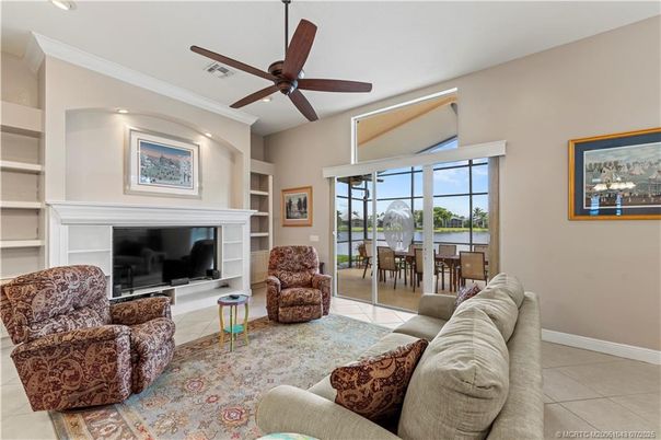 Dining room, Fireplace, Interior, Living room, Recessed Lighting, Water