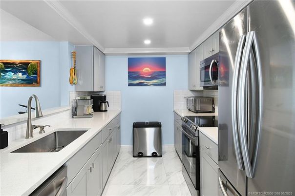 Interior, Kitchen, Marble, Recessed Lighting, Stainless Steel Appliances