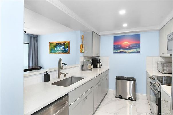 Interior, Kitchen, Marble, Recessed Lighting, Stainless Steel Appliances