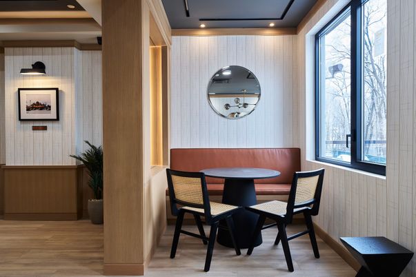 Dining room, Interior, Recessed Lighting, Wood Texture Flooring