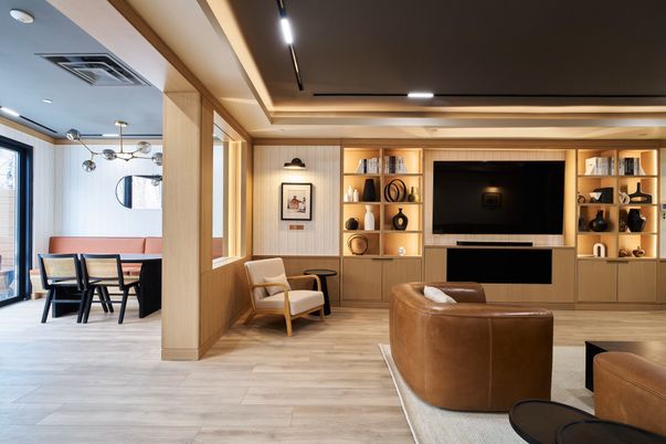 Dining room, Interior, Pendant Lights, Recessed Lighting, Wood Texture Flooring