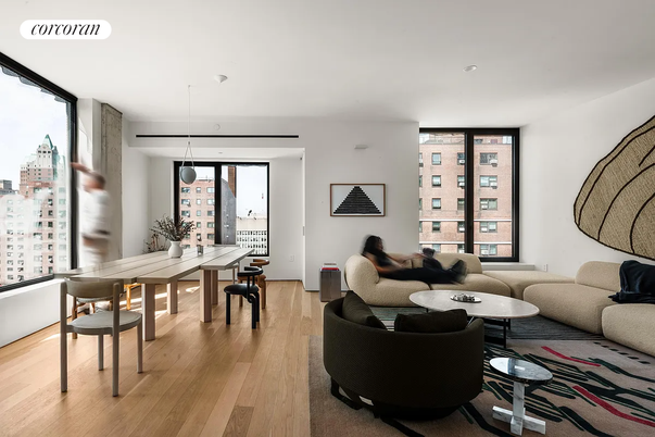Dining room, Interior, Living room, Pendant Lights, Wood Texture Flooring