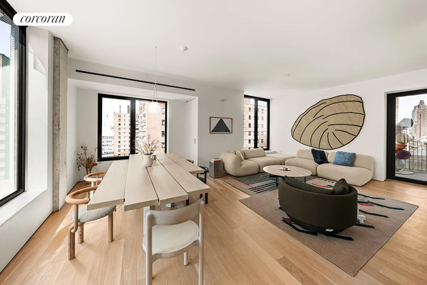 Dining room, Interior, Living room, Pendant Lights, Wood Texture Flooring