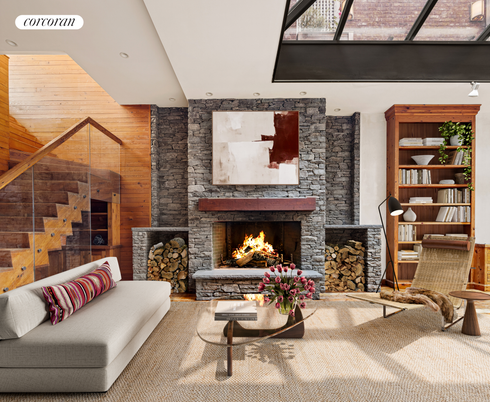 Fireplace, Interior, Living room, Recessed Lighting, Stone Walls, Wooden Walls