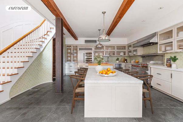 Dining room, Interior, Kitchen, Pendant Lights, Recessed Lighting, Stainless Steel Appliances, Wooden Beams