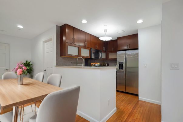 Dining room, Interior, Kitchen, Recessed Lighting, Stainless Steel Appliances, Wood Texture Flooring