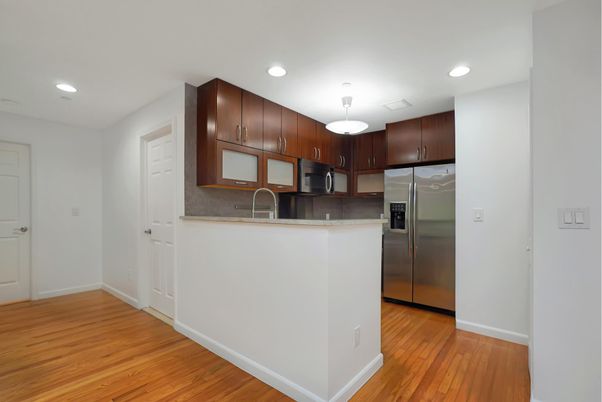 Interior, Kitchen, Recessed Lighting, Stainless Steel Appliances, Wood Texture Flooring