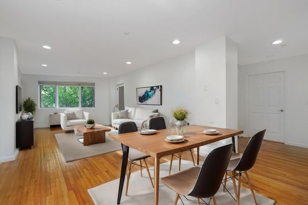 Dining room, Interior, Living room, Recessed Lighting, Wood Texture Flooring