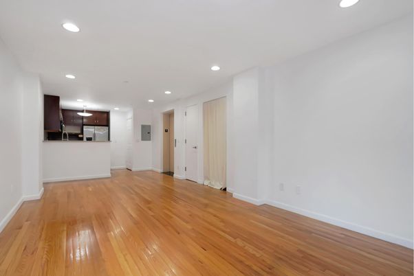 Empty room, Interior, Kitchen, Recessed Lighting, Wood Texture Flooring