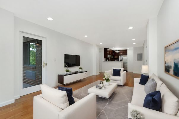 Interior, Kitchen, Living room, Recessed Lighting, Stainless Steel Appliances, Wood Texture Flooring