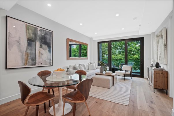Dining room, Interior, Living room, Recessed Lighting, Wood Texture Flooring