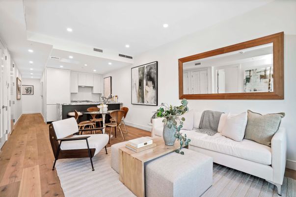 Dining room, Interior, Kitchen, Living room, Recessed Lighting, Wood Texture Flooring