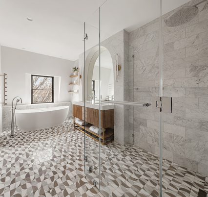 Bathroom, Free Standing Baths, Glass Shower, Interior, Marble Walls, Recessed Lighting