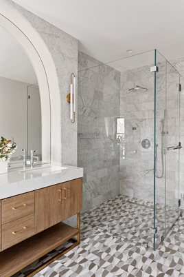 Bathroom, Dual Sink Vanities, Glass Shower, Interior, Marble Walls, Recessed Lighting