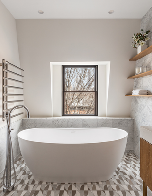 Bathroom, Free Standing Baths, Interior, Marble Walls, Recessed Lighting