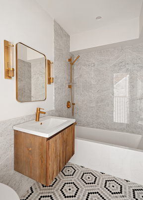 Bathroom, Interior, Marble Walls, Recessed Lighting