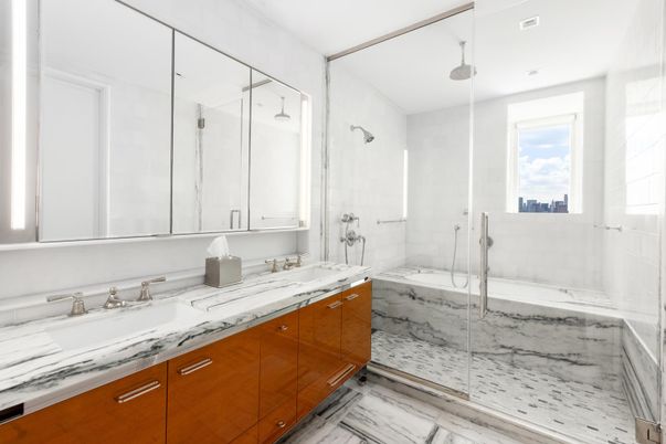 Bathroom, Dual Sink Vanities, Glass Shower, Interior, Marble, Marble Walls, Recessed Lighting
