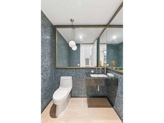 Bathroom, Interior, Pendant Lights, Recessed Lighting, Wood Texture Flooring
