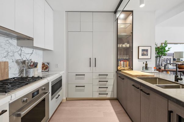 Interior, Kitchen, Marble Walls, Stainless Steel Appliances, Wood Texture Flooring