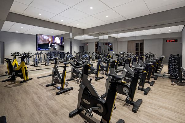 Fitness Equipment, Gym, Interior, Recessed Lighting, Wood Texture Flooring