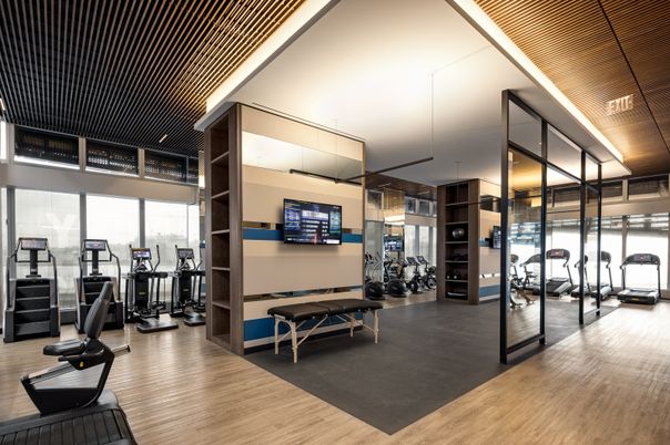 Fitness Equipment, Gym, Interior, Wood Texture Flooring