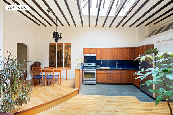Dining room, Interior, Kitchen, Pendant Lights, Stainless Steel Appliances, Wood Texture Flooring
