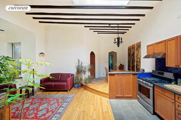 Chandelier, Interior, Kitchen, Pendant Lights, Wooden Beams, Wood Texture Flooring
