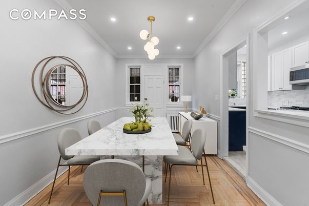 Dining room, Interior, Kitchen, Pendant Lights, Recessed Lighting, Wood Texture Flooring