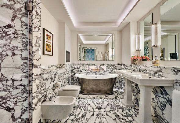 Bathroom, Dual Sink Vanities, Free Standing Baths, Interior, Marble Walls
