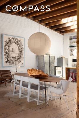 Dining room, Interior, Pendant Lights, Wooden Beams, Wood Texture Flooring