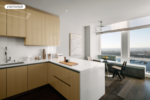 Dining room, Interior, Kitchen, Pendant Lights, Recessed Lighting, Water, Wood Texture Flooring