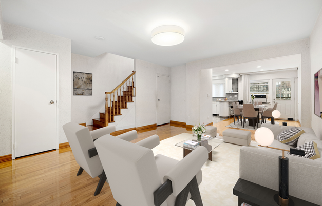 Dining room, Interior, Living room, Recessed Lighting, Wood Texture Flooring