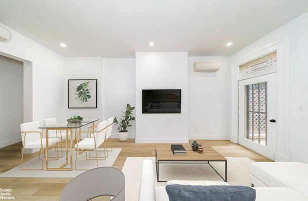 Dining room, Fireplace, Interior, Living room, Recessed Lighting, Wood Texture Flooring