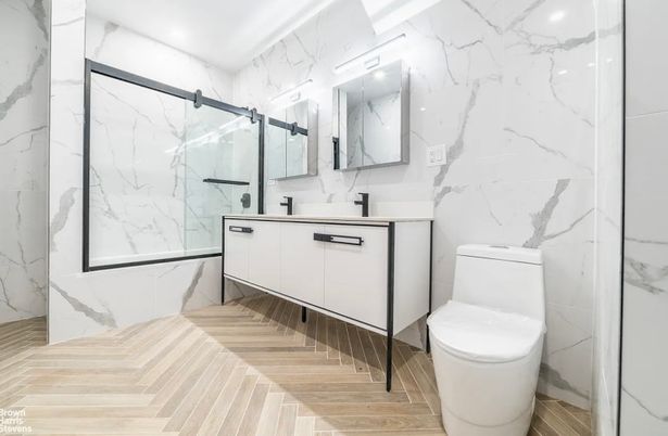 Bathroom, Glass Shower, Interior, Marble Walls, Recessed Lighting, Wood Texture Flooring