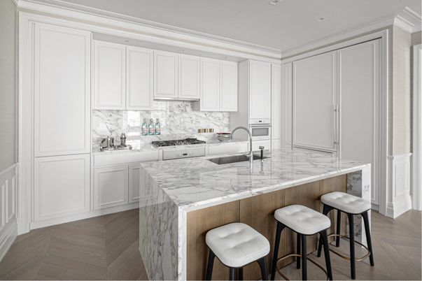 Interior, Kitchen, Marble Walls, Recessed Lighting, Wood Texture Flooring