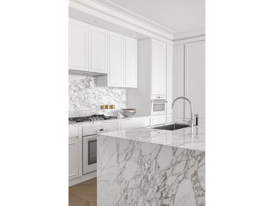 Interior, Kitchen, Marble Walls, Wood Texture Flooring